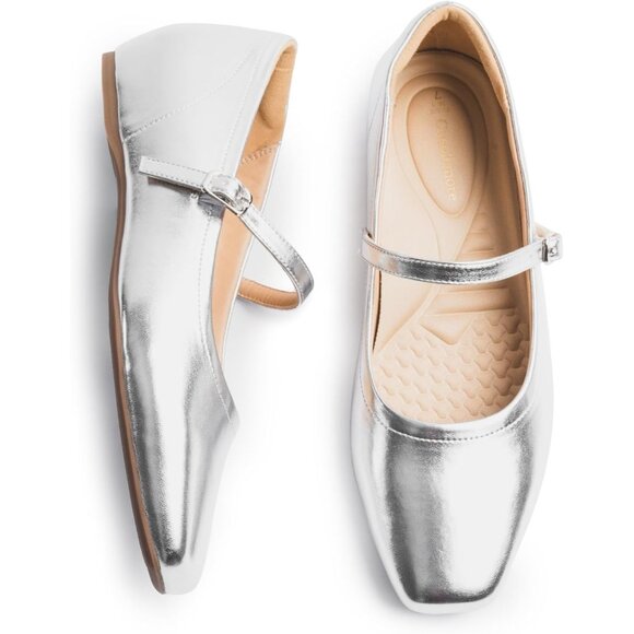 Women Silver Faux Leather Arch Support and Concealed Low Wedge Heel Ballet Flats - Picture 3 of 6